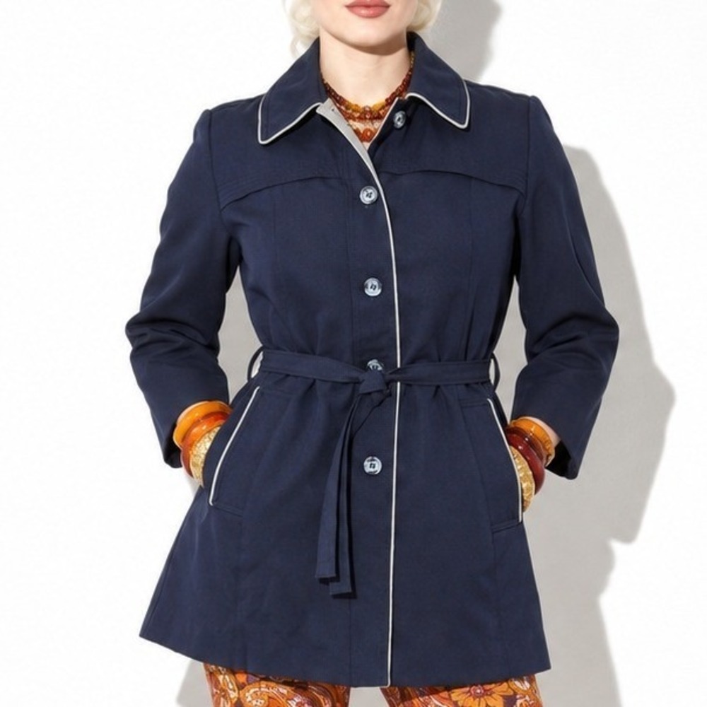 70s Vintage Navy Gabardine Trench Coat Womens M Belted Gray Piping Button Front